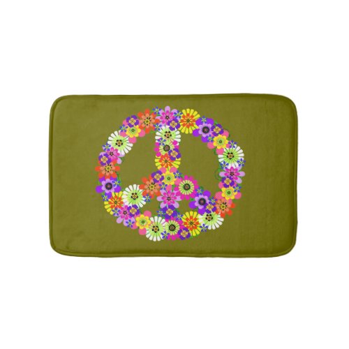 Peace Sign Floral on Olive Green Bathroom Mat
