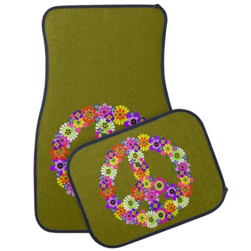 Peace Sign Floral on Olive Green Car Floor Mat