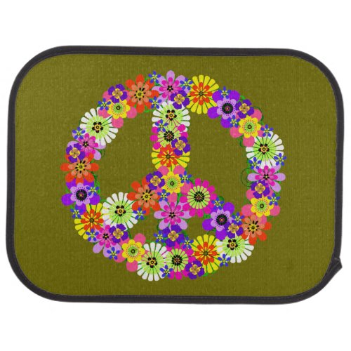 Peace Sign Floral on Olive Green Car Mat