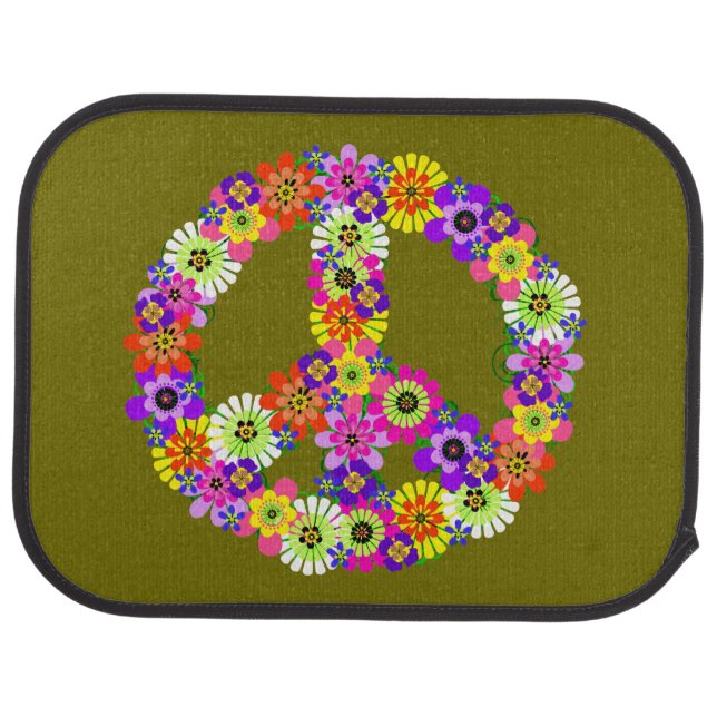 Peace Sign Floral on Olive Green Car Mat (Rear)