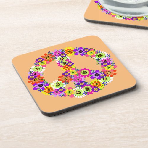 Peace Sign Floral on Peach Beverage Coaster