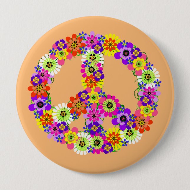 Peace Sign Floral on Peach Button (Front)