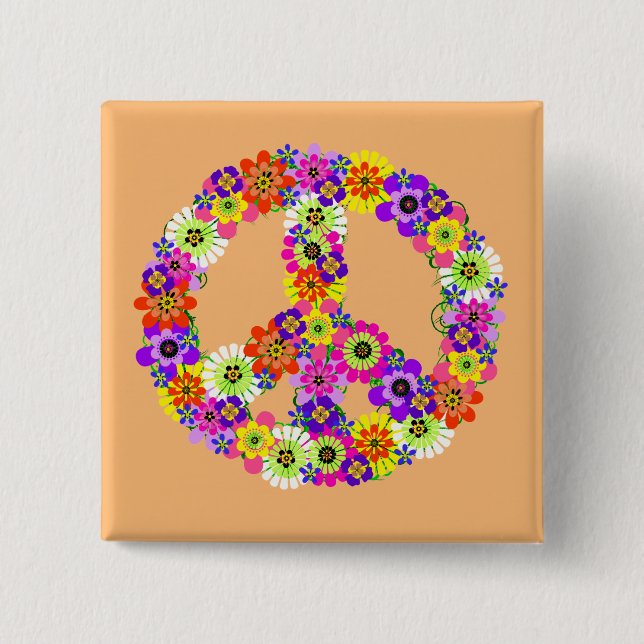 Peace Sign Floral on Peach Button (Front)