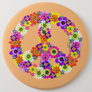 Peace Sign Floral On Peach Button by Mistflower at Zazzle
