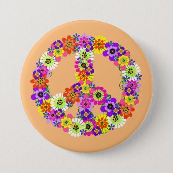 Peace Sign Floral On Peach Button by Mistflower at Zazzle