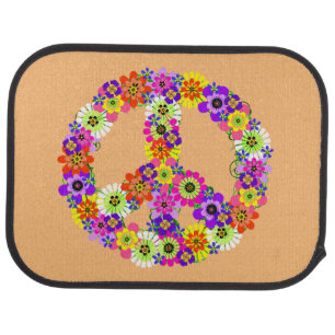 Peace Sign Floral on Peach Car Mat