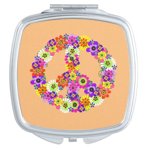 Peace Sign Floral on Peach Compact Mirror