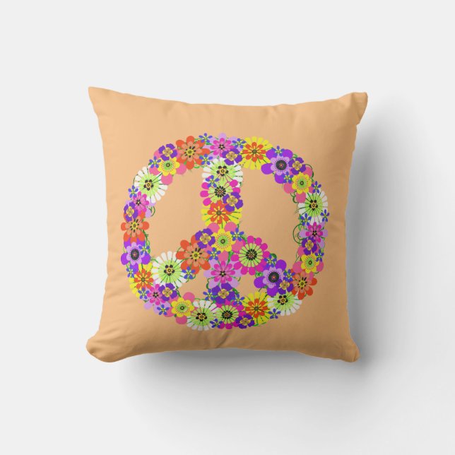 Peace Sign Floral on Peach Outdoor Pillow (Front)