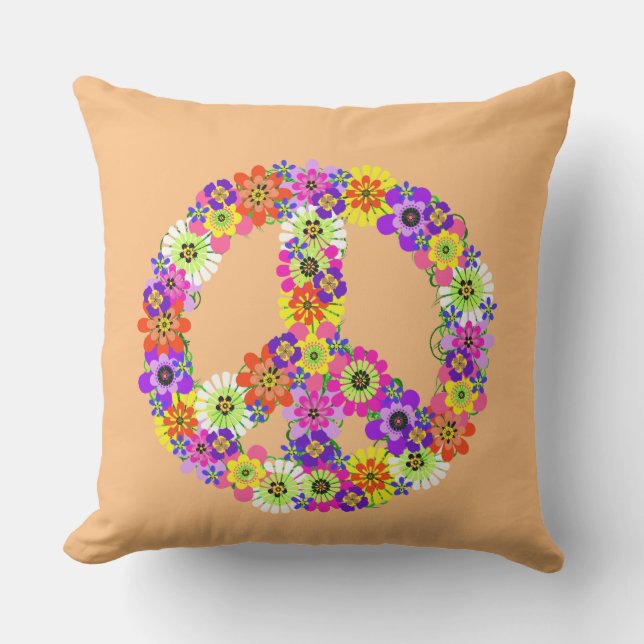 Peace Sign Floral on Peach Outdoor Pillow (Front)