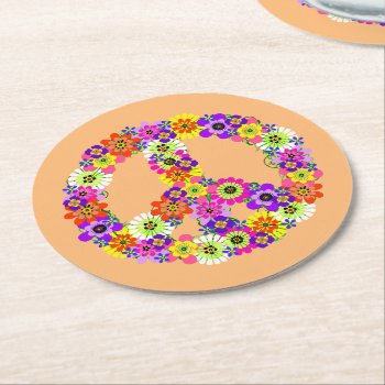 Peace Sign Floral On Peach Round Paper Coaster by Mistflower at Zazzle