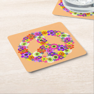 Peace Sign Floral on Peach Square Paper Coaster