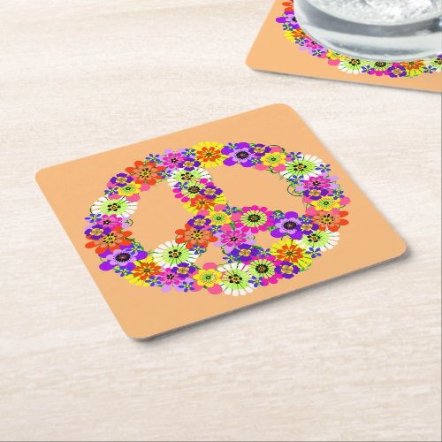 Peace Sign Floral on Peach Square Paper Coaster