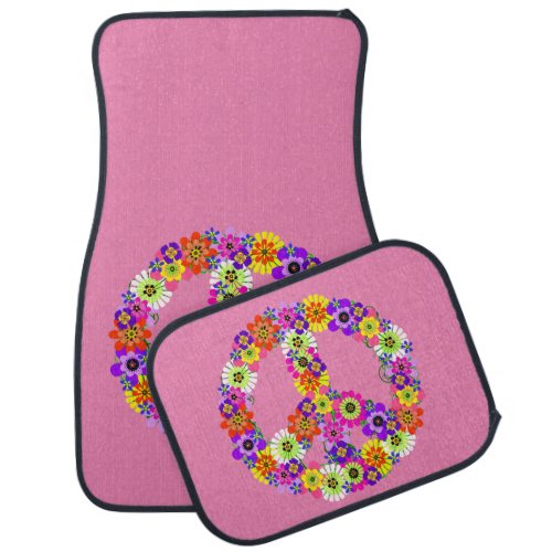Peace Sign Floral on Pink Car Mat