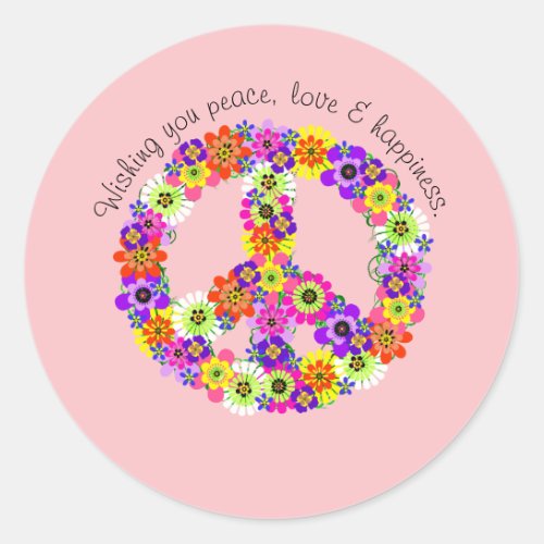 Peace Sign Floral on Pink Peace Love Happiness Classic Round Sticker