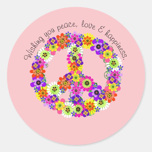 Peace Sign Floral on Pink Peace Love Happiness Classic Round Sticker (Front)