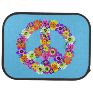 Peace Sign Floral on Sky Blue Car Mat