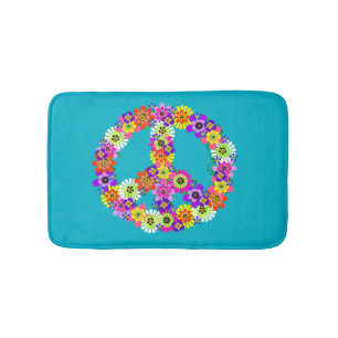 Peace Sign Floral on Turquoise Bath Mat