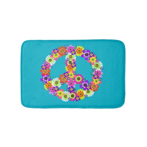 Peace Sign Floral on Turquoise Bath Mat
