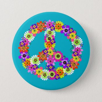 Peace Sign Floral On Turquoise Button by Mistflower at Zazzle