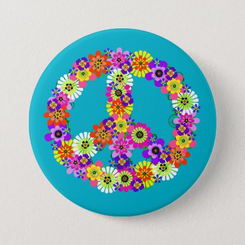Peace Sign Floral on Turquoise Button