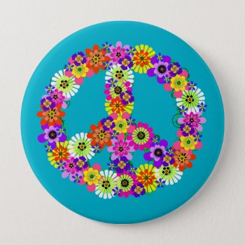 Peace Sign Floral On Turquoise Button by Mistflower at Zazzle