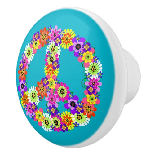 Peace Sign Floral on Turquoise Ceramic Knob