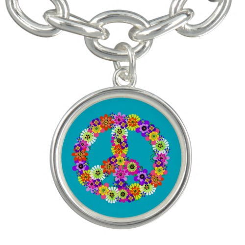 Peace Sign Floral on Turquoise Charm Bracelet