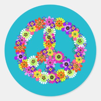 Peace Sign Floral On Turquoise Classic Round Sticker by Mistflower at Zazzle