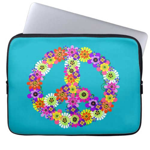 Peace Sign Floral on Turquoise Laptop Sleeve