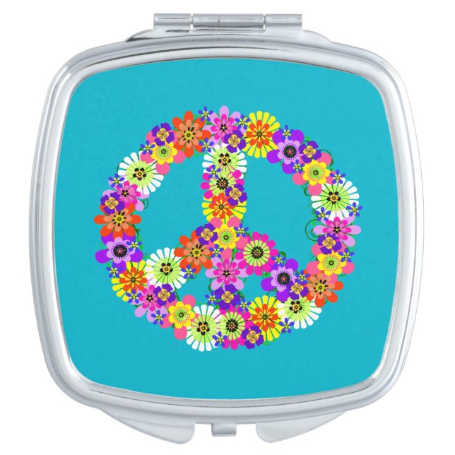 Peace Sign Floral on Turquoise Makeup Mirror (Front)