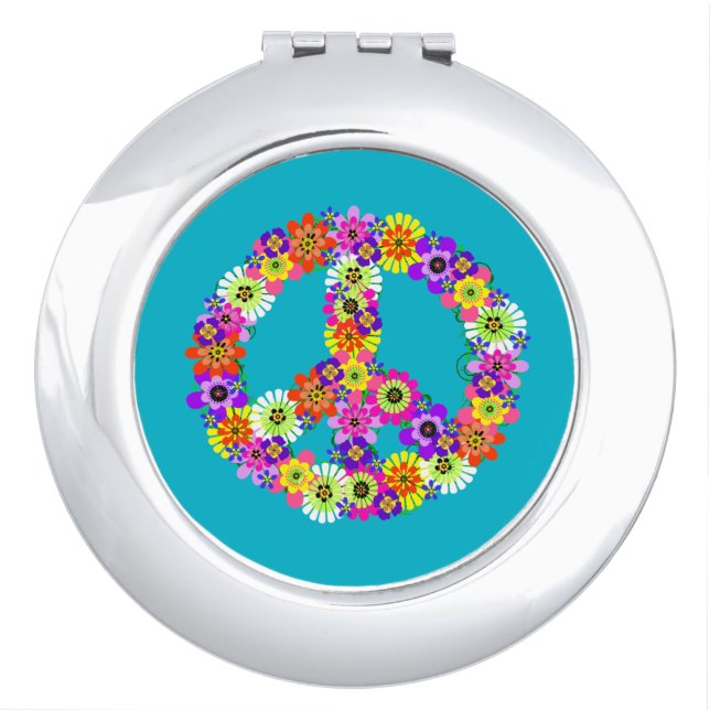 Peace Sign Floral on Turquoise Mirror For Makeup (Front)