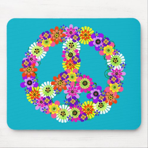 Peace Sign Floral on Turquoise Mouse Pad