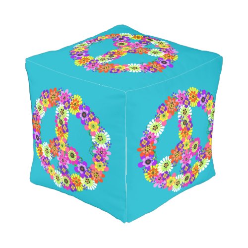 Peace Sign Floral on Turquoise Outdoor Pouf
