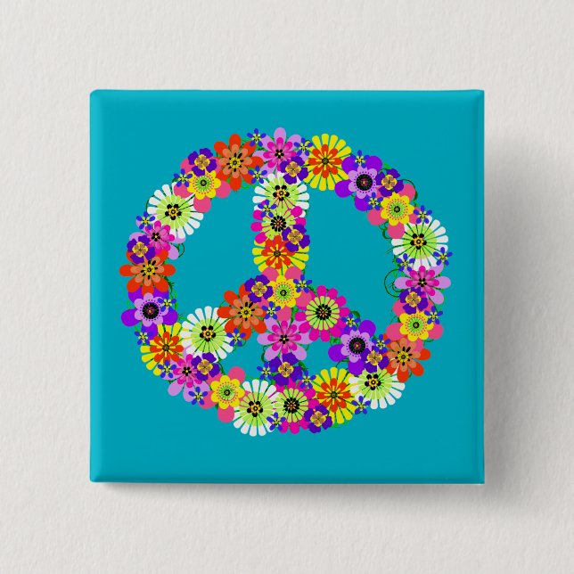 Peace Sign Floral on Turquoise Pinback Button (Front)