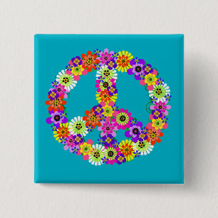 Peace Sign Floral on Turquoise Pinback Button