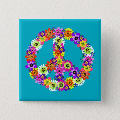 Peace Sign Floral on Turquoise Pinback Button