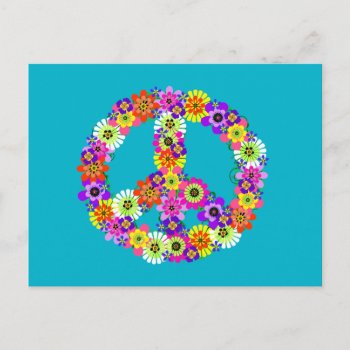 Peace Sign Floral On Turquoise Postcard by Mistflower at Zazzle