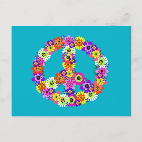 Peace Sign Floral on Turquoise Postcard