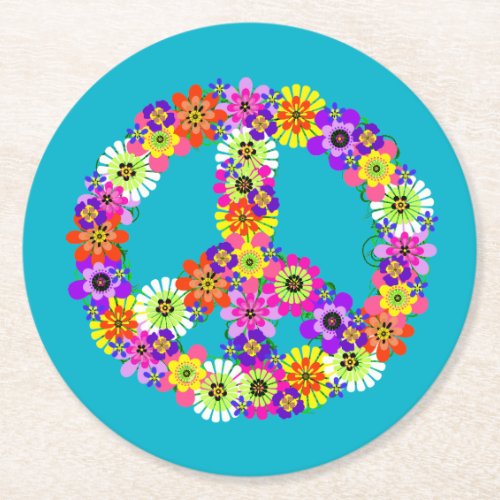 Peace Sign Floral on Turquoise Round Paper Coaster