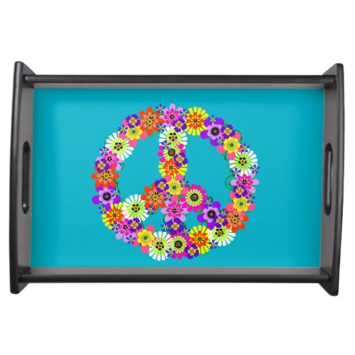 Peace Sign Floral on Turquoise Serving Tray