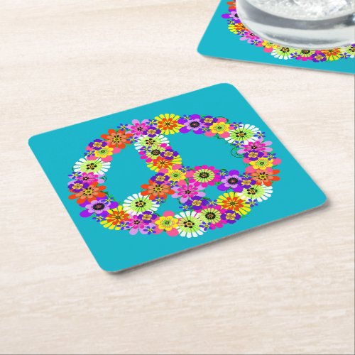 Peace Sign Floral on Turquoise Square Paper Coaster