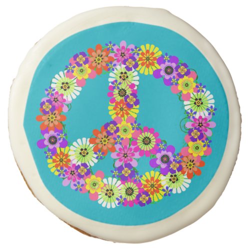 Peace Sign Floral on Turquoise Sugar Cookie