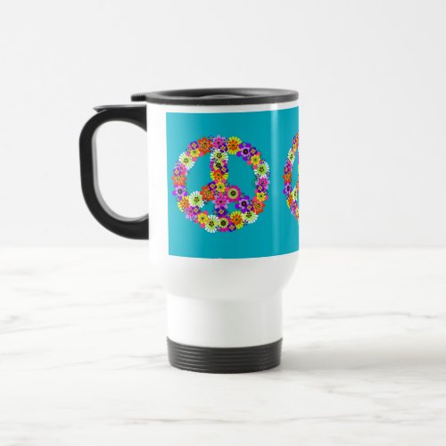 Peace Sign Floral on Turquoise Travel Mug