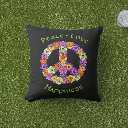 Peace Sign Floral Peace Love Happiness Outdoor Pillow