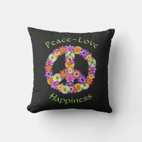 Peace Sign Floral Peace Love Happiness Outdoor Pillow
