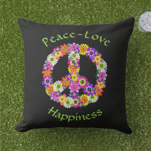 Peace Sign Floral Peace Love Happiness Outdoor Pillow