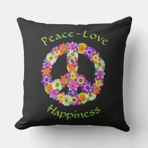 Peace Sign Floral Peace Love Happiness Outdoor Pillow