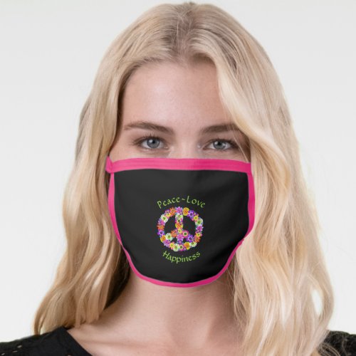 Peace Sign Floral Peace Love Happiness pink trim Face Mask