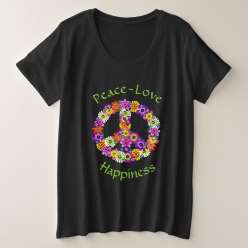 Peace Sign Floral Peace Love Happiness Plus Size T_Shirt