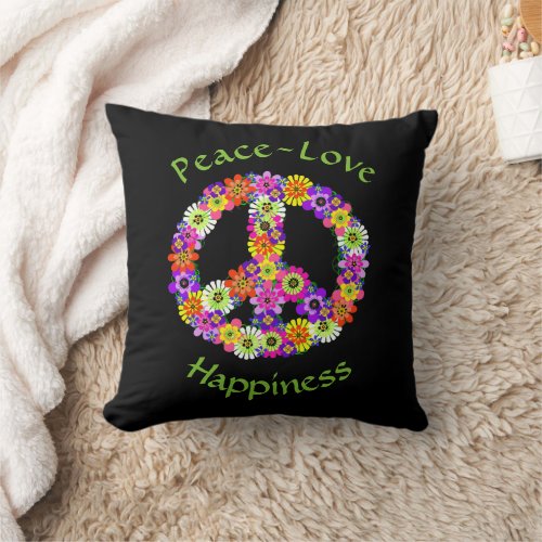 Peace Sign Floral Peace Love Happiness Throw Pillow